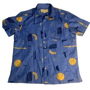 32 Bar Blues Mens Blue Funky's Uncle Abstract Pattern Shirt Size Large